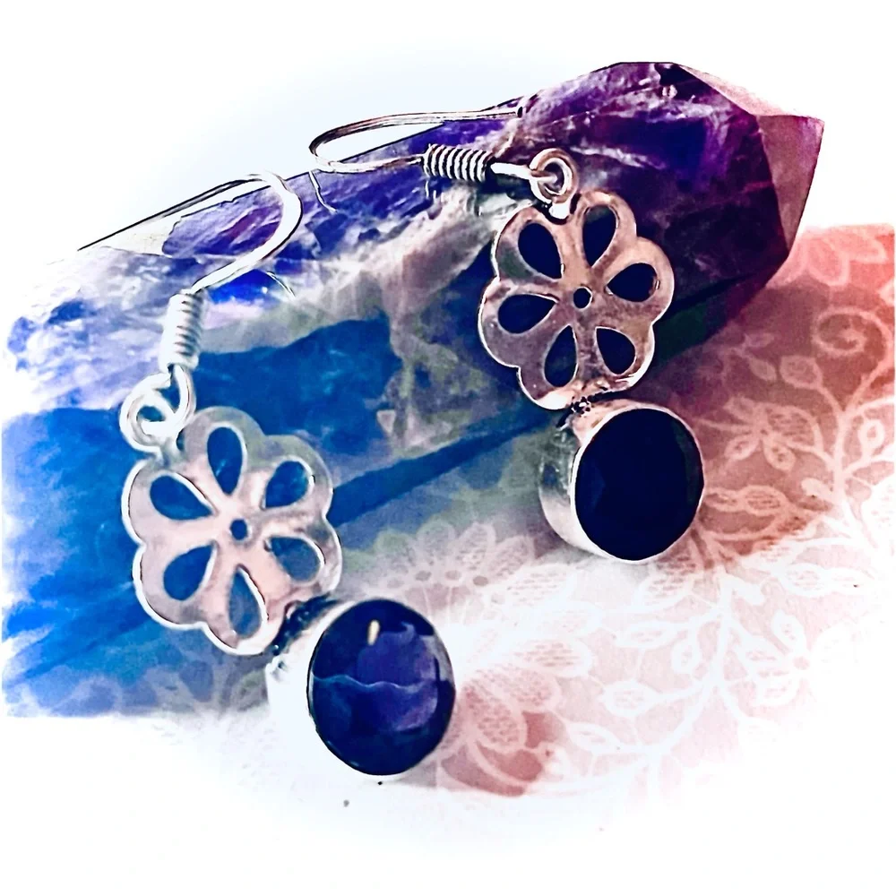New Artisan 925 Sterling Silver Natural Amethyst Gem Daisy Handmade Earrings